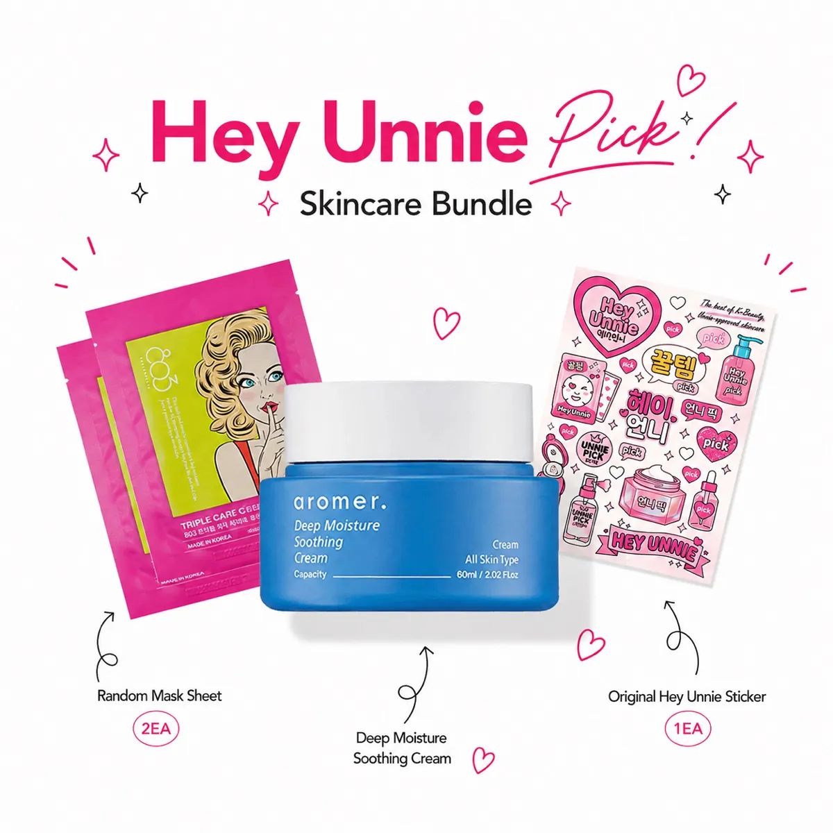 Hey Unnie Pick skincare bundle: soothing cream, 2 mask sheets, sticker set